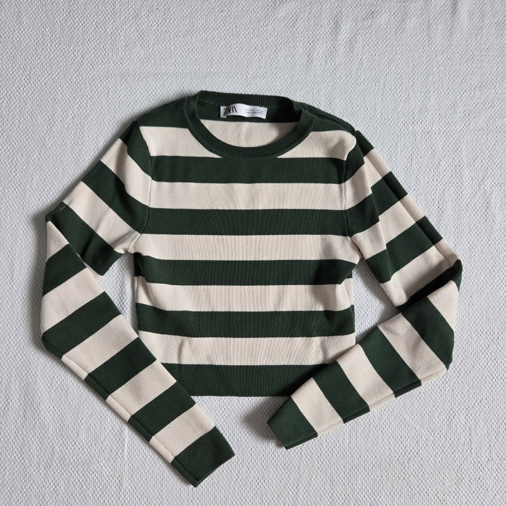 Zara Green and Cream Striped Long Sleeve Top